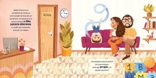 Illustration of boy with wings on feet sitting on couch with parents