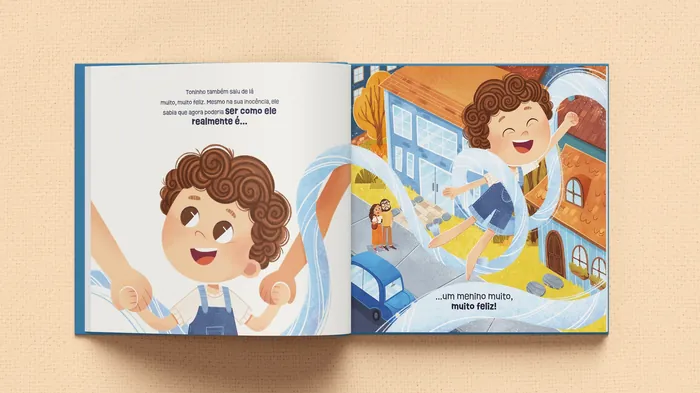 Illustration of joyful boy with wings on feet flying over city