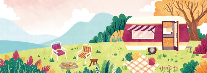 Illustration of a picnic scene with a food truck and chairs outdoors