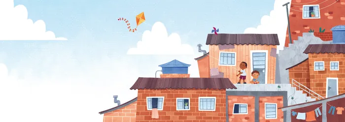 Illustration of children playing on rooftops in a bright neighborhood