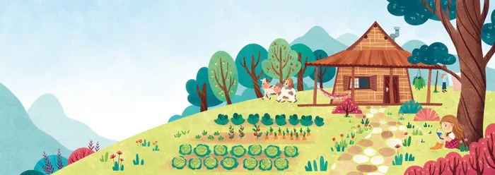 Illustration of a countryside house with garden and trees