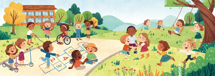 Children playing games and enjoying outdoors near a school building