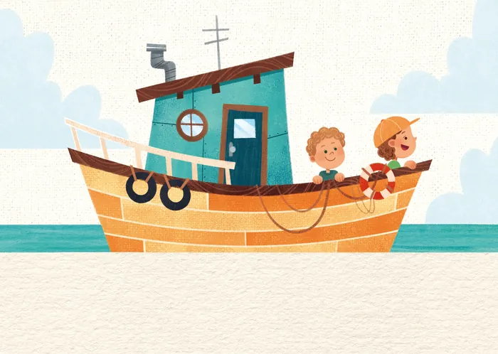 Two children happily fishing from a small boat on calm water