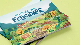 Colorful illustrated book cover titled Vivendo em Felicidade with nature scene