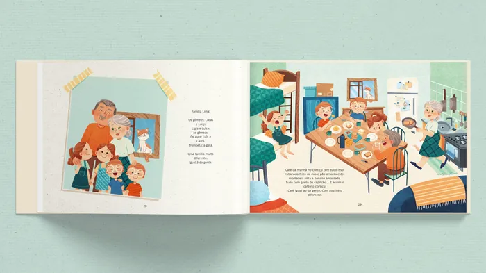 Illustration of a happy family and children gathered around a kitchen table