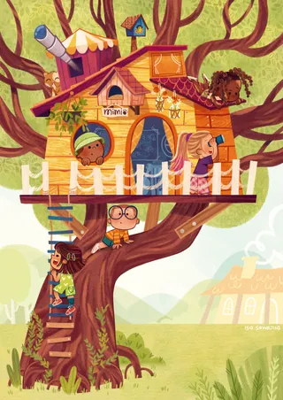 Children playing in a colorful treehouse with a telescope and decorations