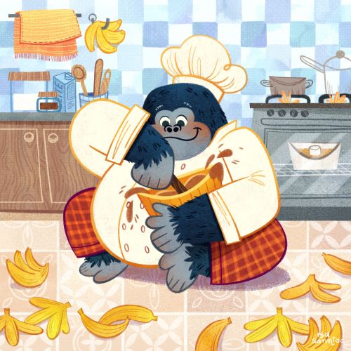 Gorilla chef hugging a wooden spoon in a kitchen with bananas