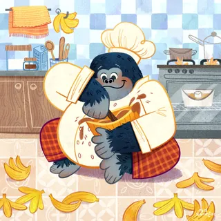 Gorilla chef hugging a wooden spoon in a kitchen with bananas