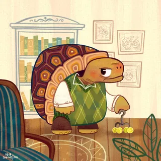 Illustration of a cranky tortoise wearing a sweater vest indoors