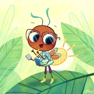 Cartoon firefly wearing glasses, holding a phone and a book on a leaf