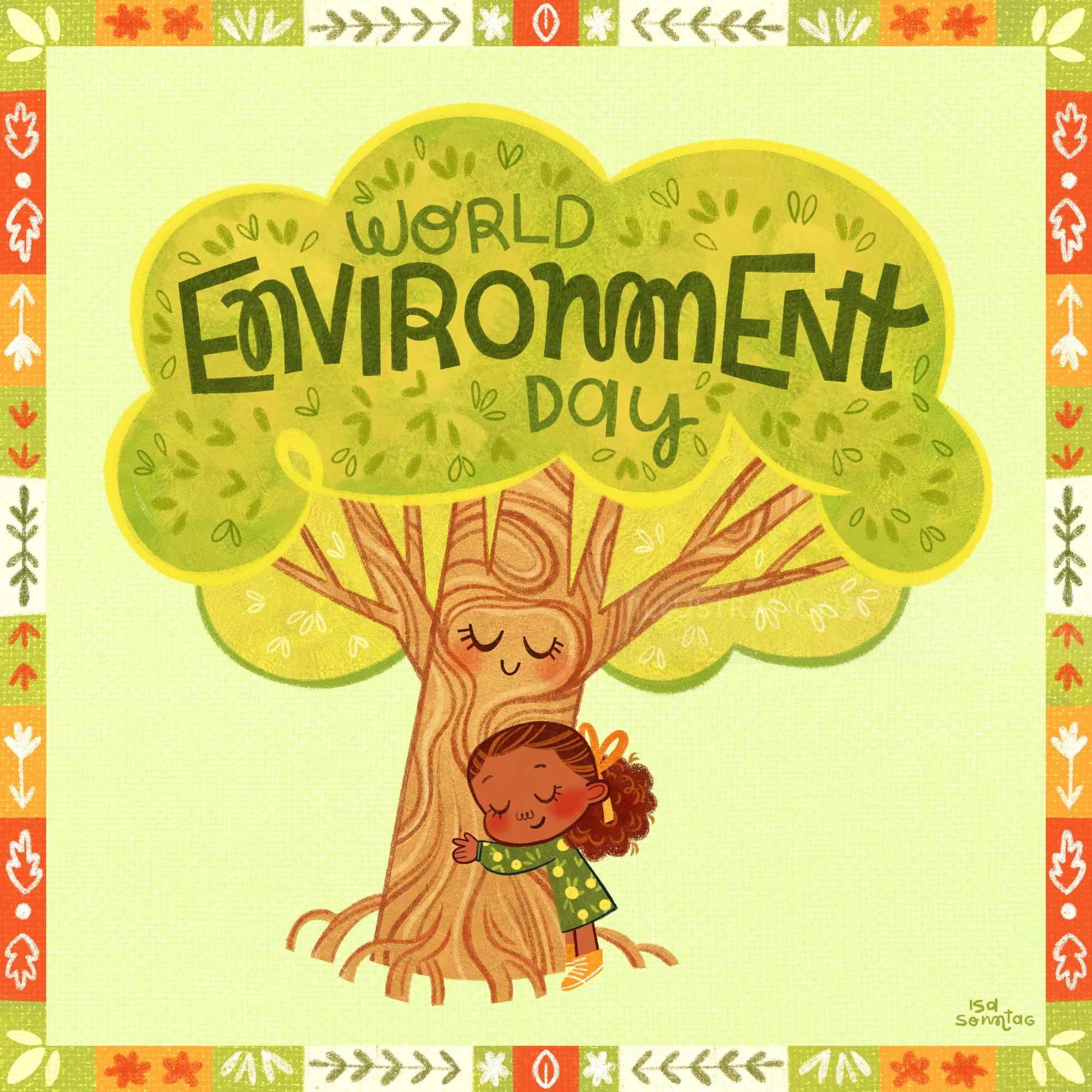 Child hugging a tree with World Environment Day text by Isa Sonntag