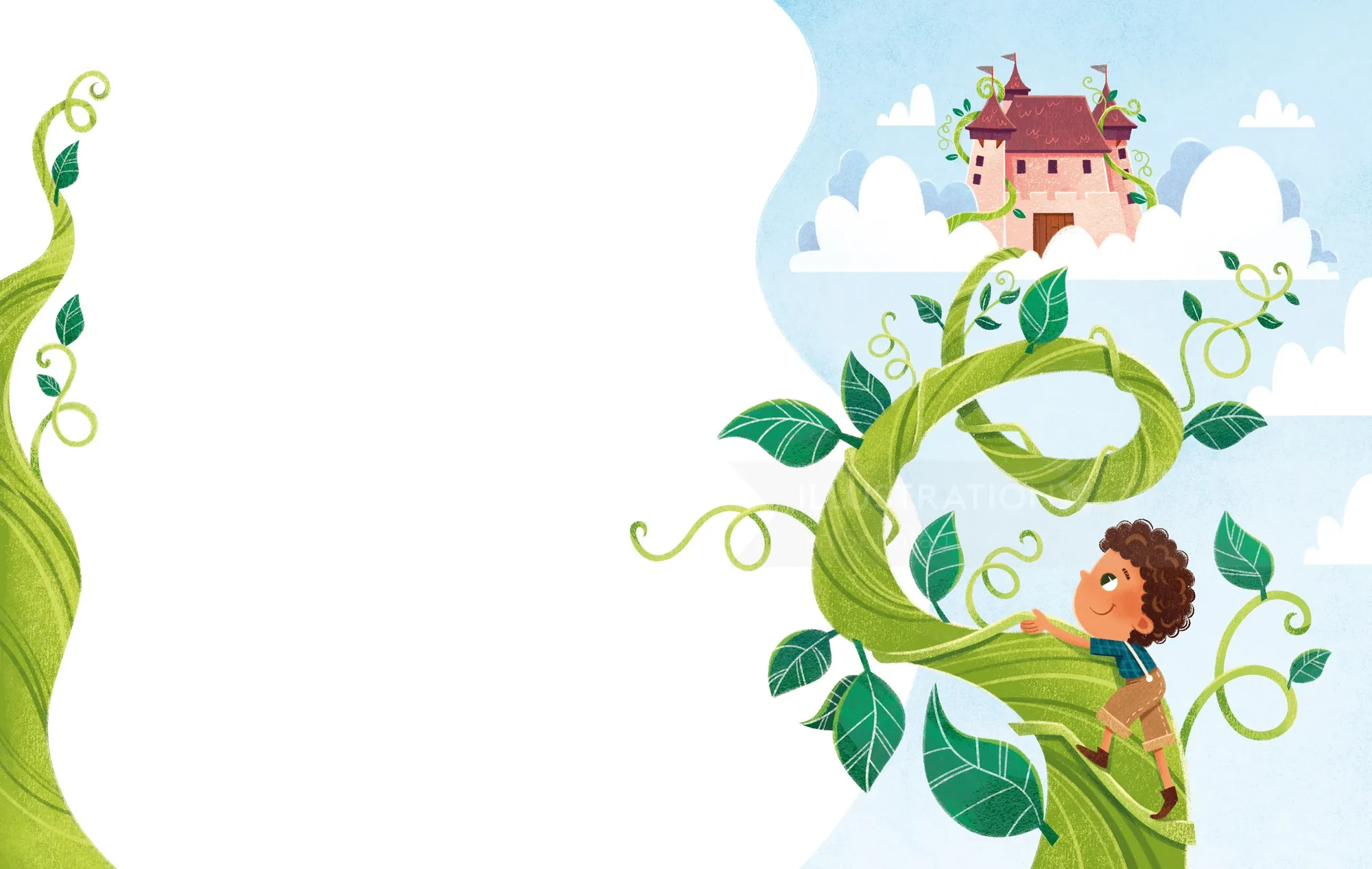 Jack climbing giant beanstalk towards castle illustration by Isa Sonntag