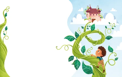 Jack climbing giant beanstalk towards castle illustration by Isa Sonntag