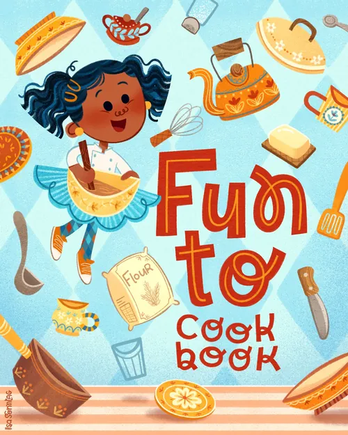 Illustration of a girl cooking with vintage kitchen utensils by Isa Sonntag