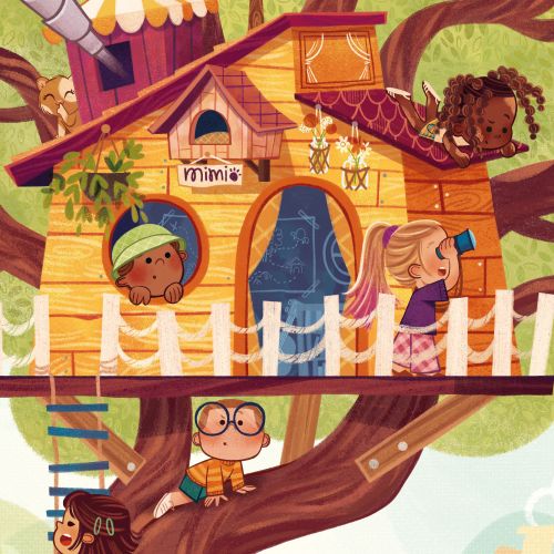 Illustration of children playing in a colorful treehouse by Isa Sonntag