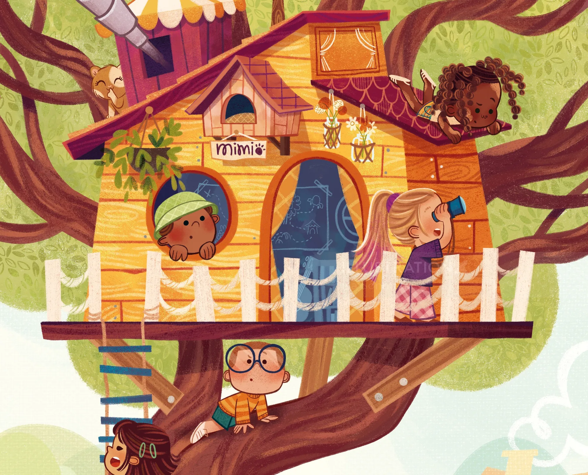 Illustration of children playing in a colorful treehouse by Isa Sonntag