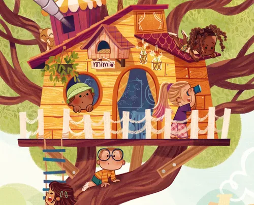 Illustration of children playing in a colorful treehouse by Isa Sonntag