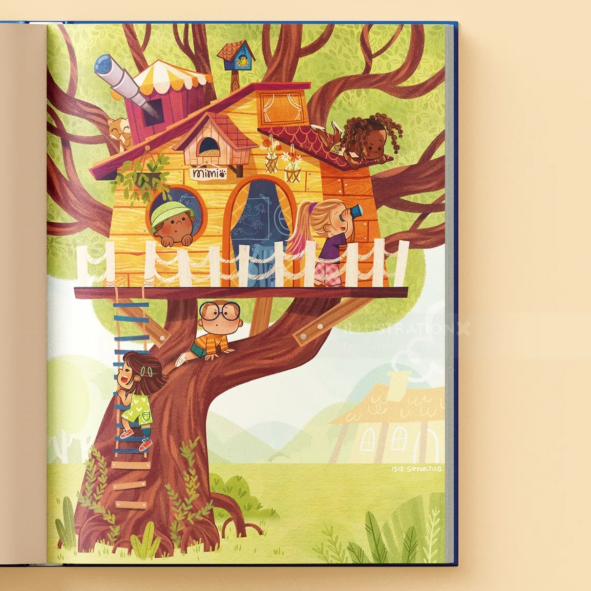 Treehouse with children and animals, vibrant colors by Isa Sonntag