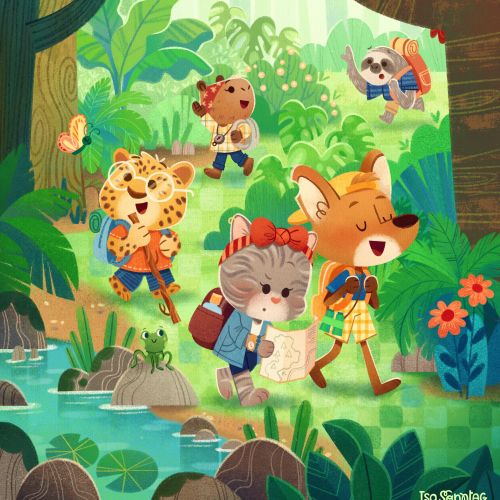 Forest scene with animal explorers trekking and observing nature by Isa Sonntag