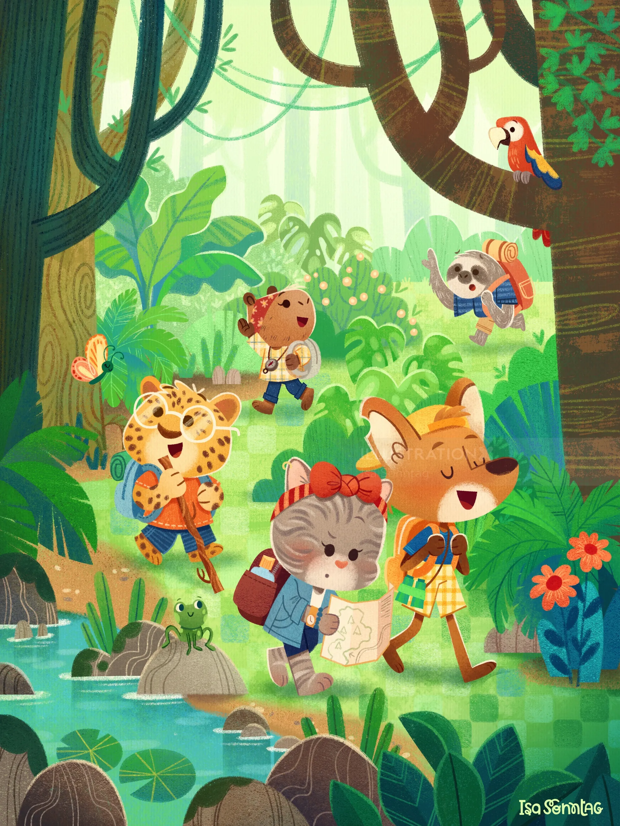 Forest scene with animal explorers trekking and observing nature by Isa Sonntag