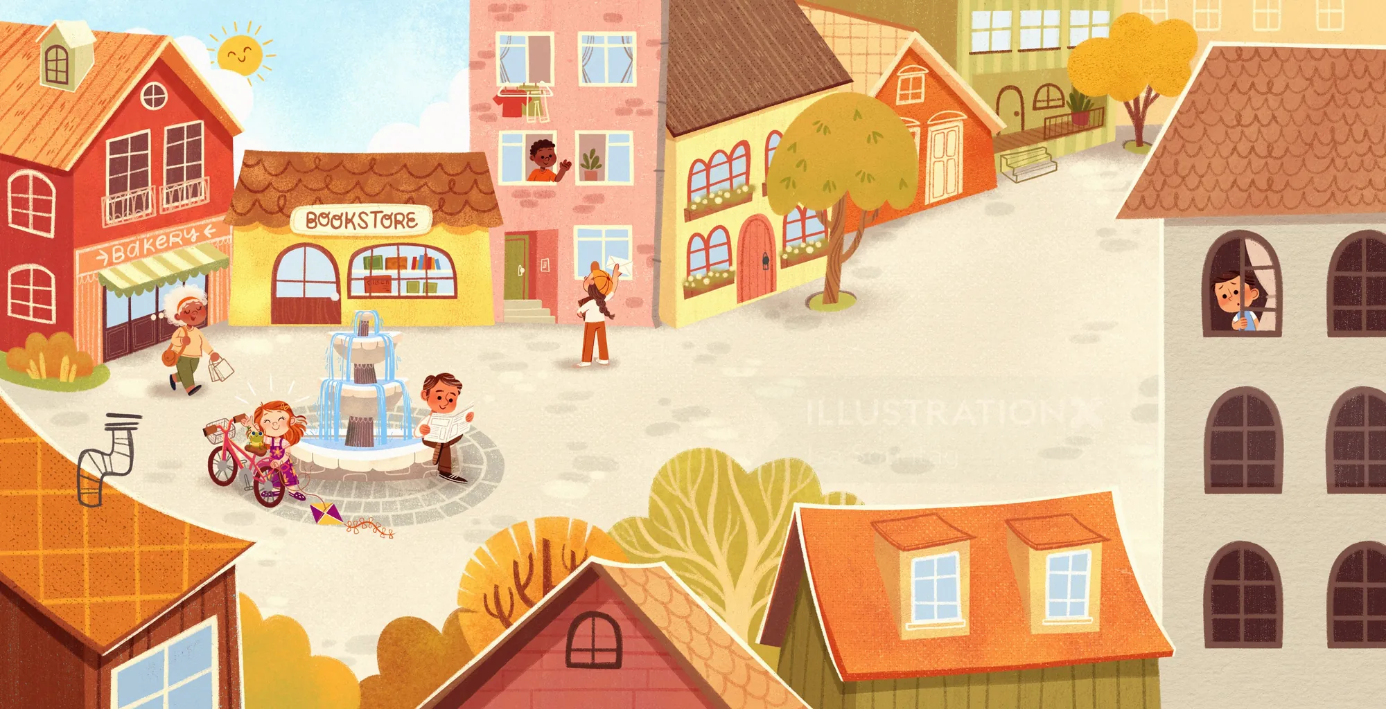 Illustration by Isa Sonntag showing a colorful village square with houses and pedestrians