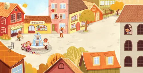 Illustration by Isa Sonntag showing a colorful village square with houses and pedestrians