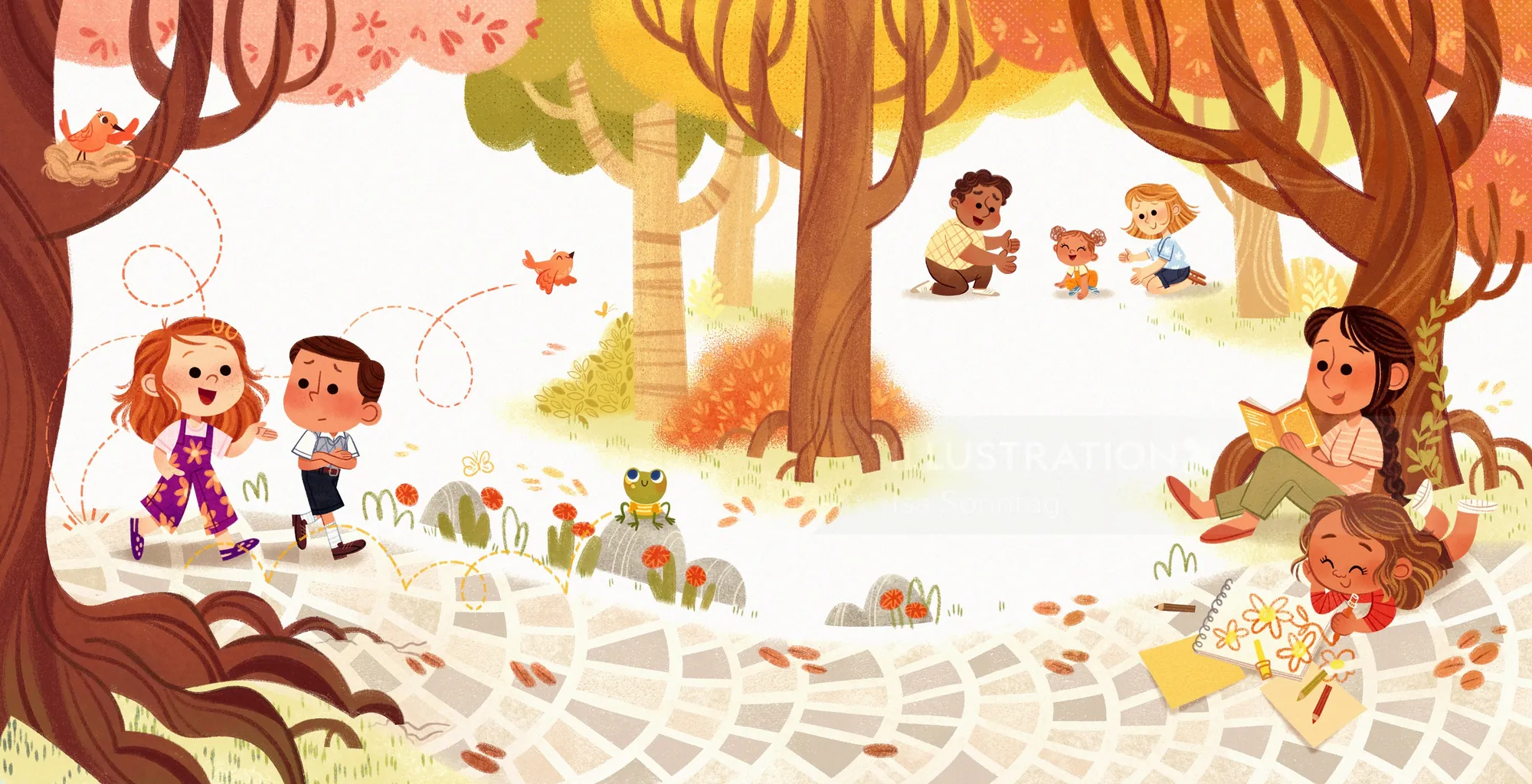 Children playing in a colorful forest illustration by Isa Sonntag