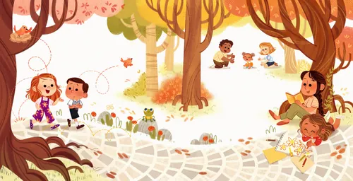 Children playing in a colorful forest illustration by Isa Sonntag
