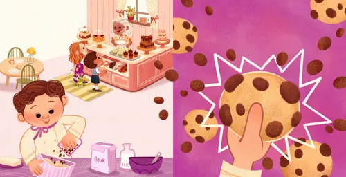 Child baking cookies and cupcakes, illustrated by Isa Sonntag