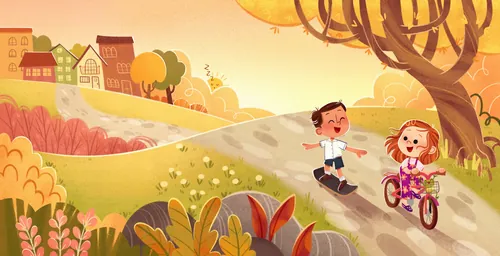 Illustration by Isa Sonntag of children cycling along a sunny countryside path