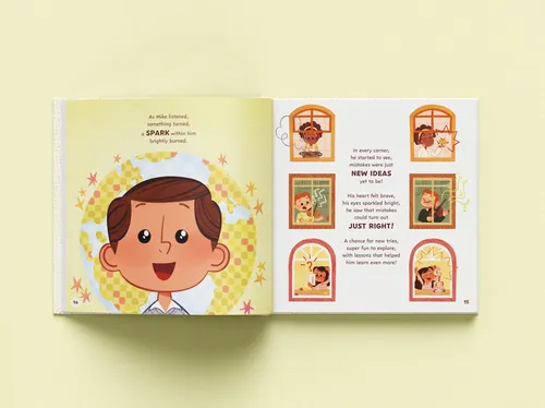 Isa Sonntag illustration of an open children’s book with a smiling child