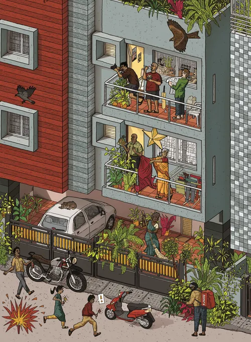 Apartment community life with bright colors