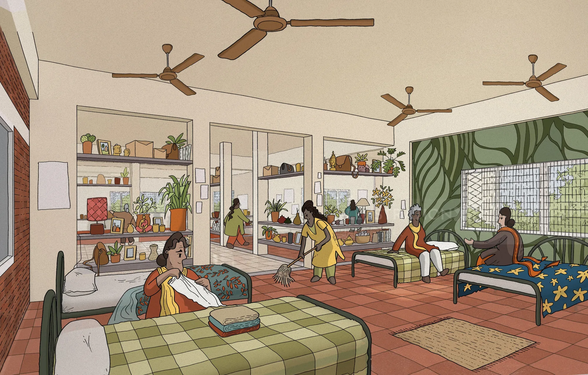 Dormitory interior with women socializing and personalizing space by Jack Sweet