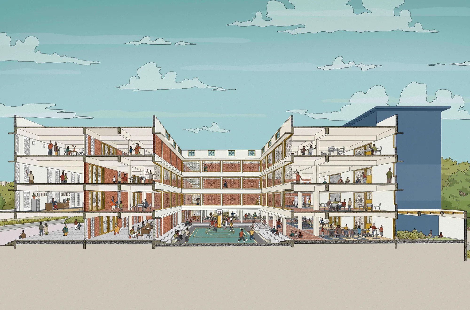 Sectional architectural drawing of Government Boys Home, Bengaluru by Jack Sweet