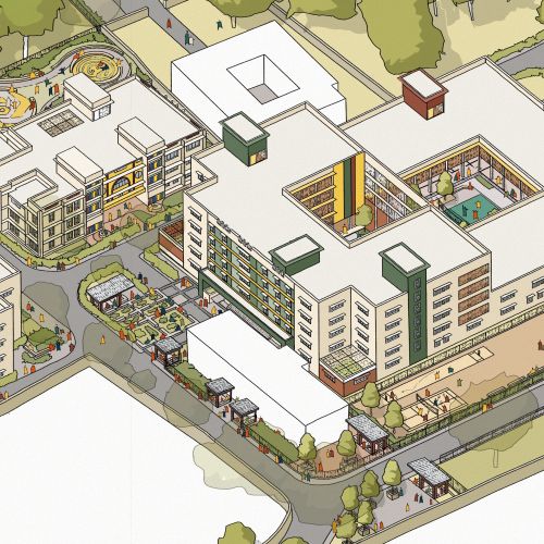 Axonometric view of Rehabilitation Centre Campus in Bengaluru by Jack Sweet