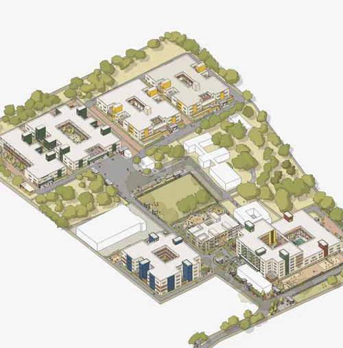 Axonometric view of Rehabilitation Centre Campus in Bengaluru by Jack Sweet