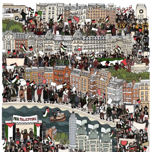 Palestine Solidarity Poster by Jack Sweet showing London demonstration crowd