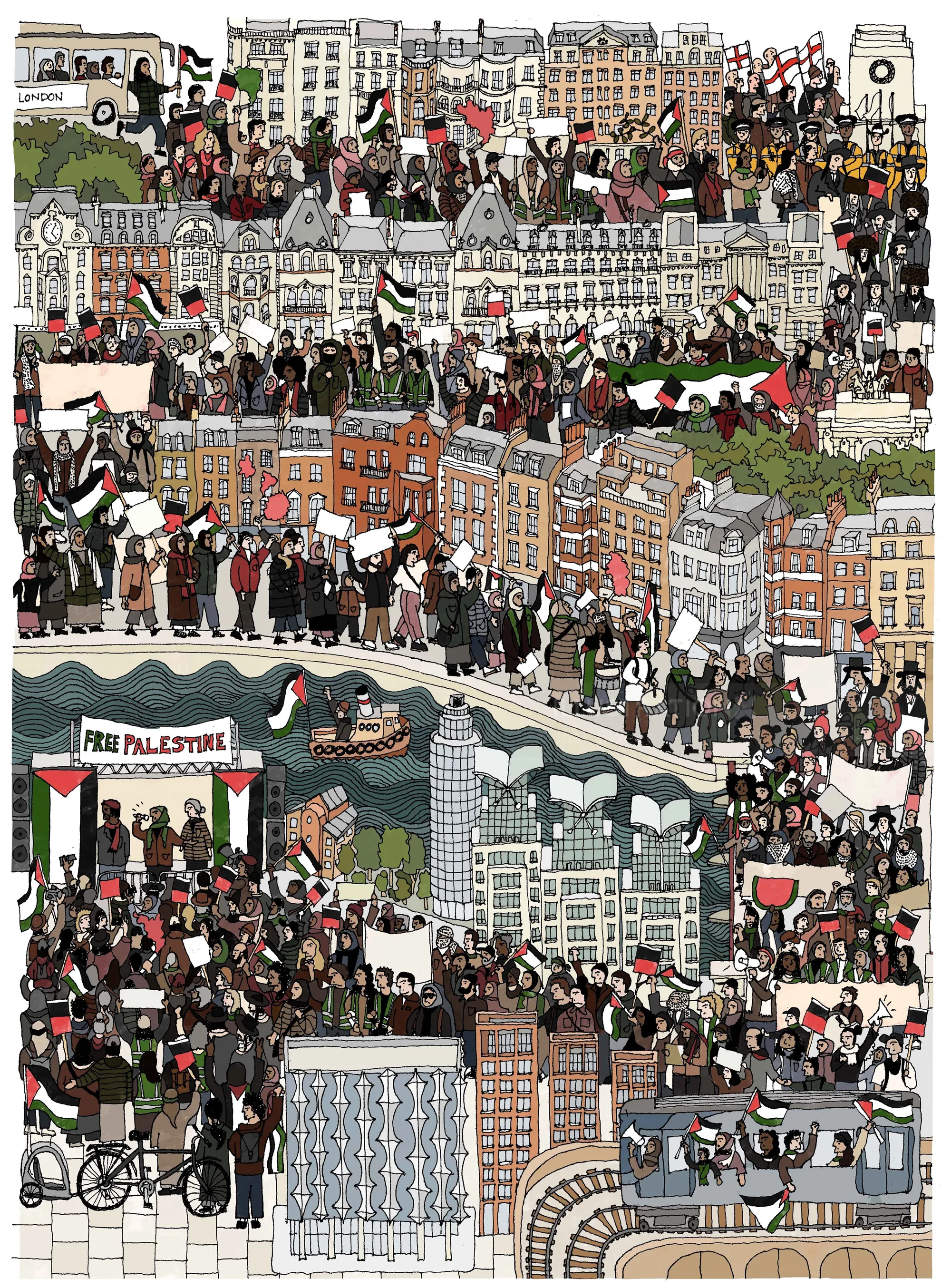 Palestine Solidarity Poster by Jack Sweet showing London demonstration crowd
