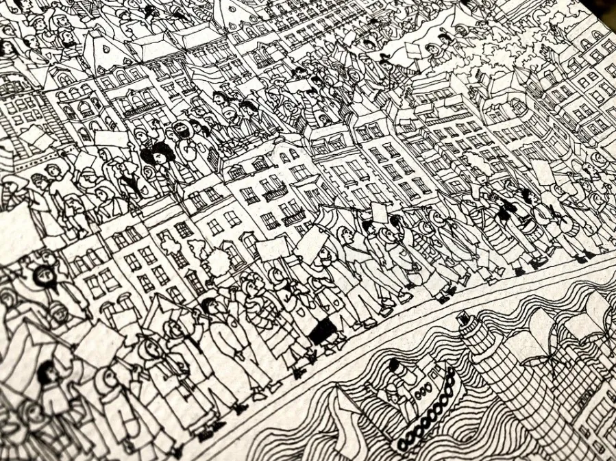 Black and white detailed illustration of a large crowd at a Palestine solidarity protest by Jack Swe