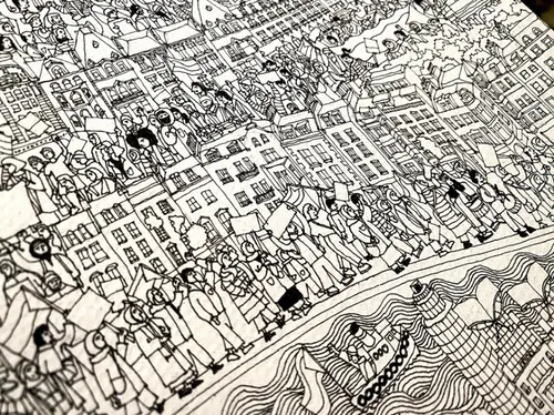 Black and white detailed illustration of a large crowd at a Palestine solidarity protest by Jack Swe