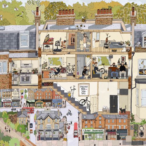 Cross-section illustration of a North London maisonette with daily life scenes by Jack Sweet