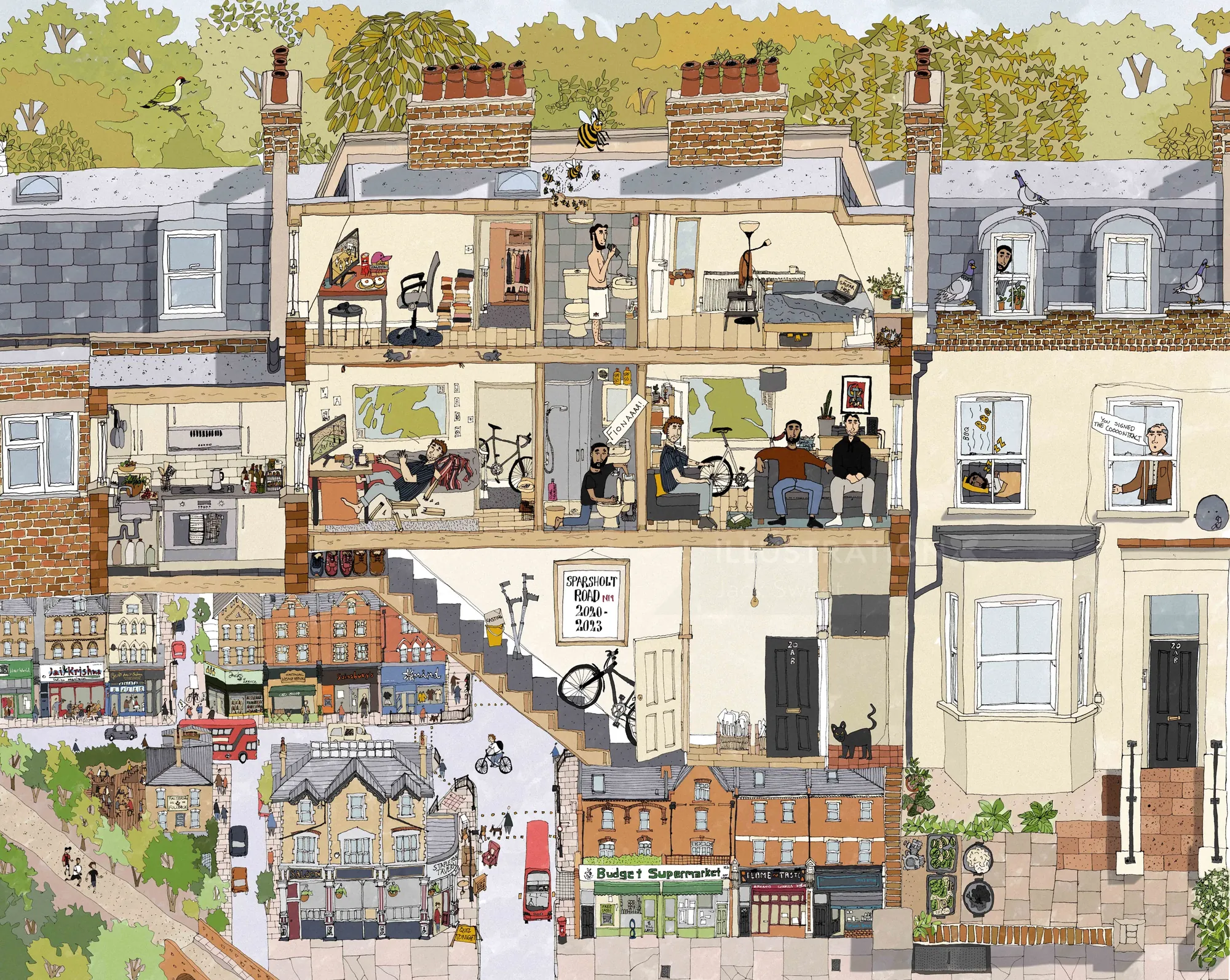 Cross-section illustration of a North London maisonette with daily life scenes by Jack Sweet