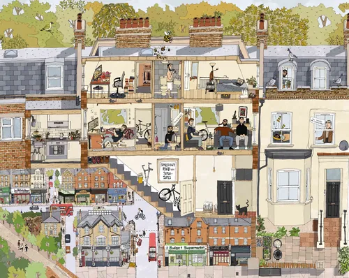 Cross-section illustration of a North London maisonette with daily life scenes by Jack Sweet