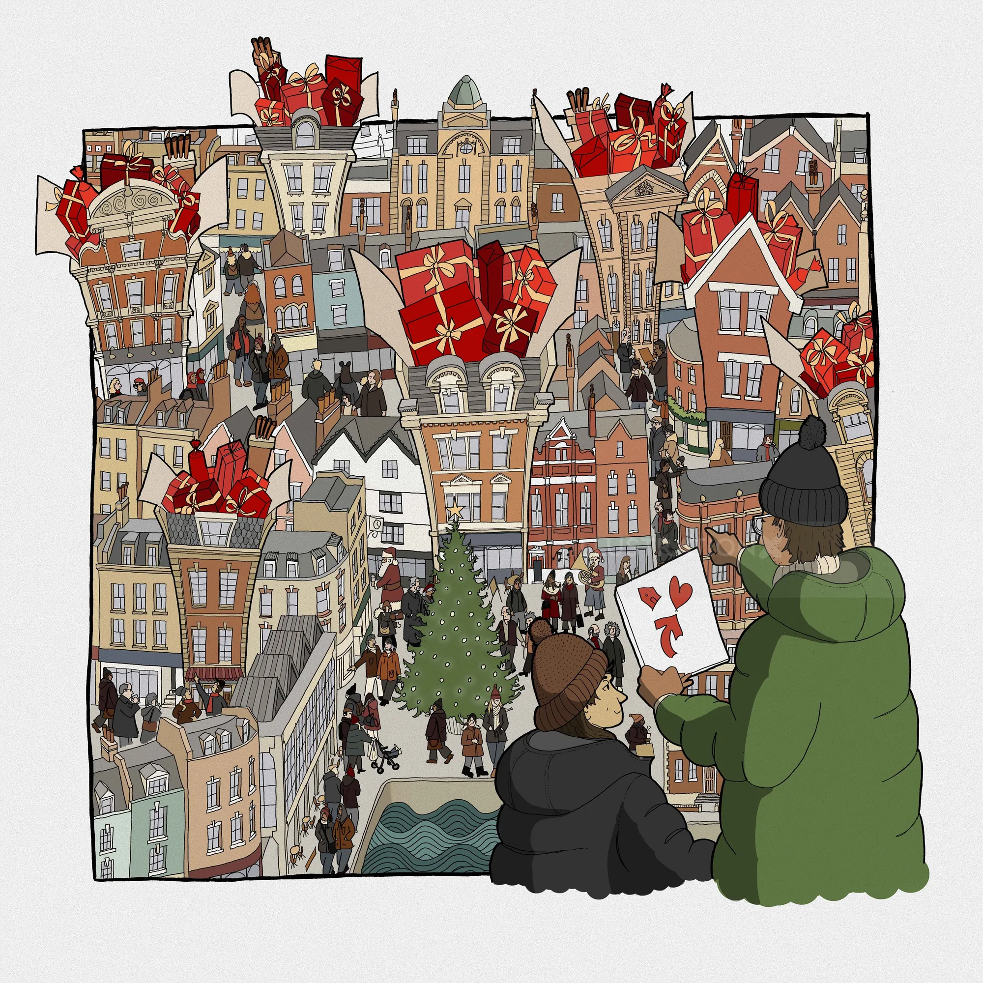Illustration of miniature city scene with two people holding cards by Jack Sweet