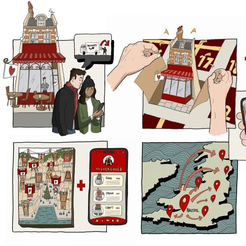 Illustrations of Love Local Calendars project by Jack Sweet showing Bristol and app interaction