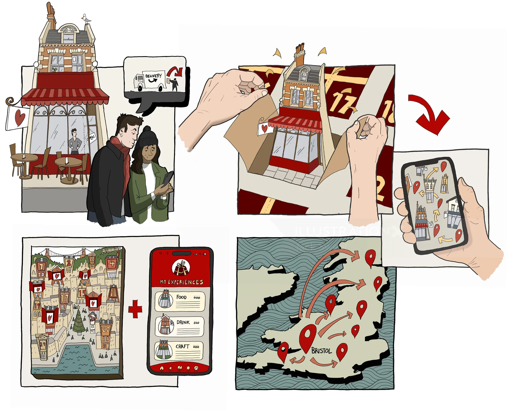 Illustrations of Love Local Calendars project by Jack Sweet showing Bristol and app interaction