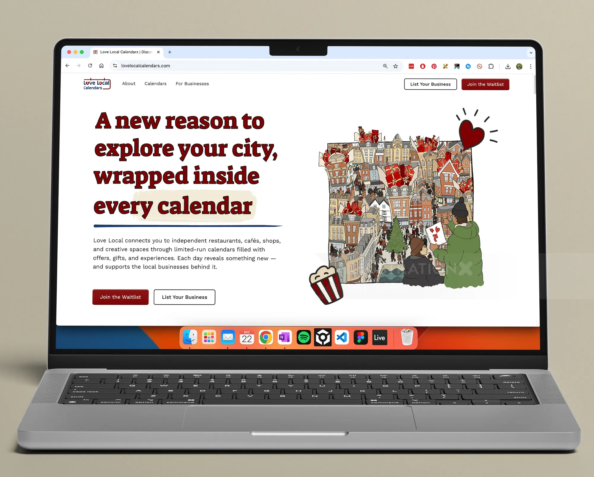 Laptop displaying Love Local Calendars website with a miniature city illustration by Jack Sweet