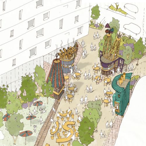 Illustration of a pedestrian public space with kiosks and community seating by Jack Sweet