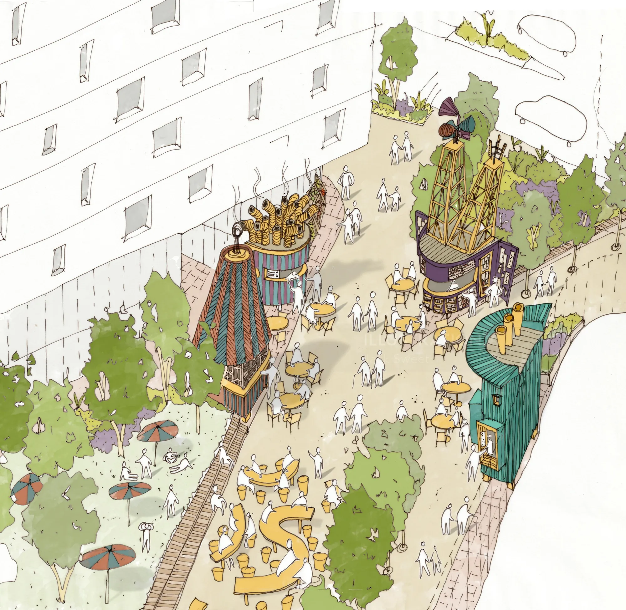 Illustration of a pedestrian public space with kiosks and community seating by Jack Sweet