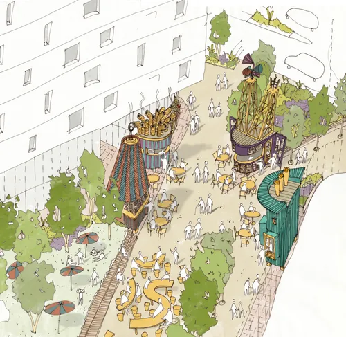 Illustration of a pedestrian public space with kiosks and community seating by Jack Sweet
